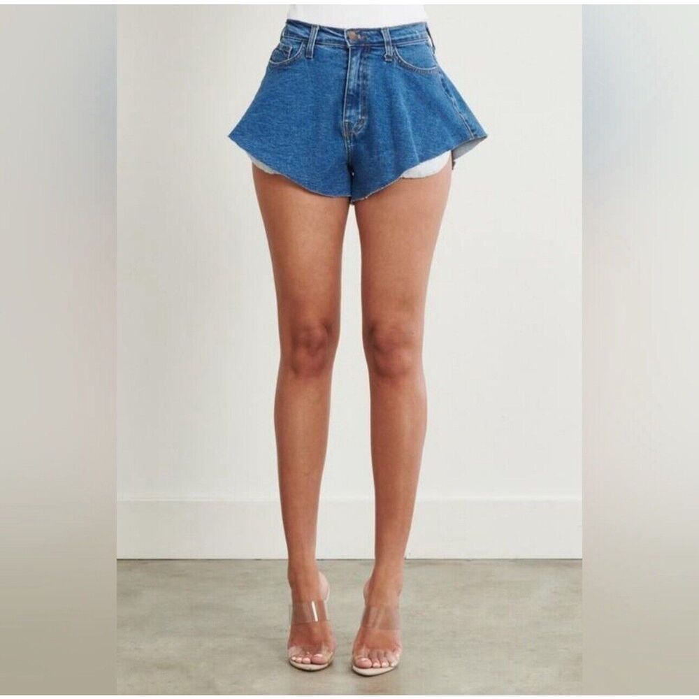 Vibrant MIU Womens Flared Denim Shorts Medium Wash High Rise Skirt Style S1854 L